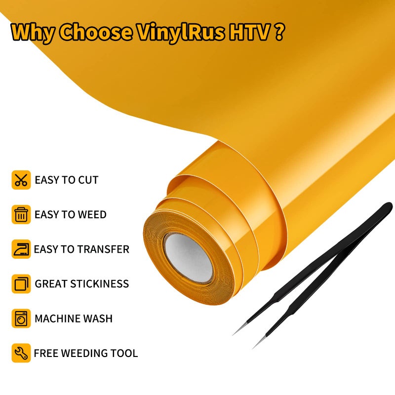 VinylRus فينيل نقل الحرارة من VinylRus - 12 × 25FT حديد على لفافة الفينيل للقمصان HTV فينيل لصورة ظلية سهلة القطع والأعشاب (أصفر) - Image 3